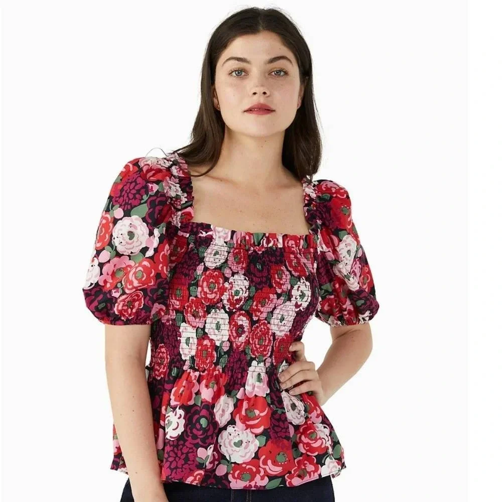 Kate Spade Rosette Blooms Puff Sleeve Smocked Floral Top Red Pink XS